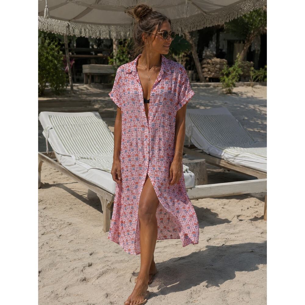 Citrine Floral Coral Block Shirt Dress Sz. S